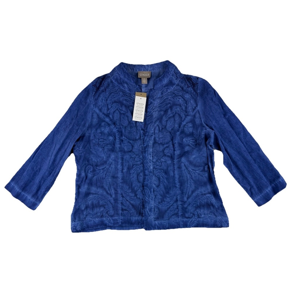 Chicos Eyelet Embroidered Shirt Size 2 Large Blue‎ Open Front Boho Coastal NWT